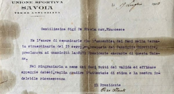 Torre Annunziata - Savoia, il documento centenario della nomina di De Nicola a presidente onorario
