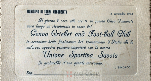 Torre Annunziata - Viaggio nella storia del Savoia: 96 anni fa il Genoa ricevuto al Comune