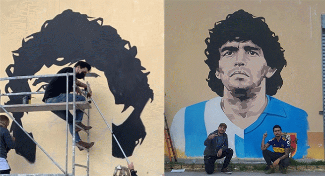 Boscotrecase - Mezzobusto di Maradona dipinto su una parete: l'opera di Luigi e Gianluigi