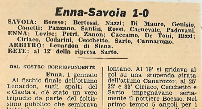 Torre Annunziata - Viaggio nella storia del Savoia: 54 anni fa l'incontro in Sicilia con l'Enna